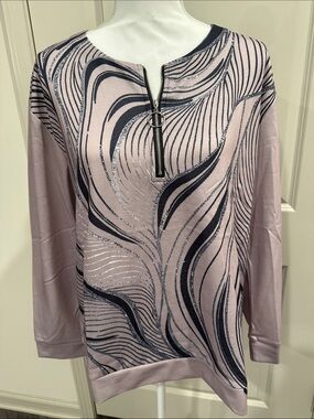 Women's Long Sleeve Quarter Zip-Front Top in Taupe with Abstract Print XL